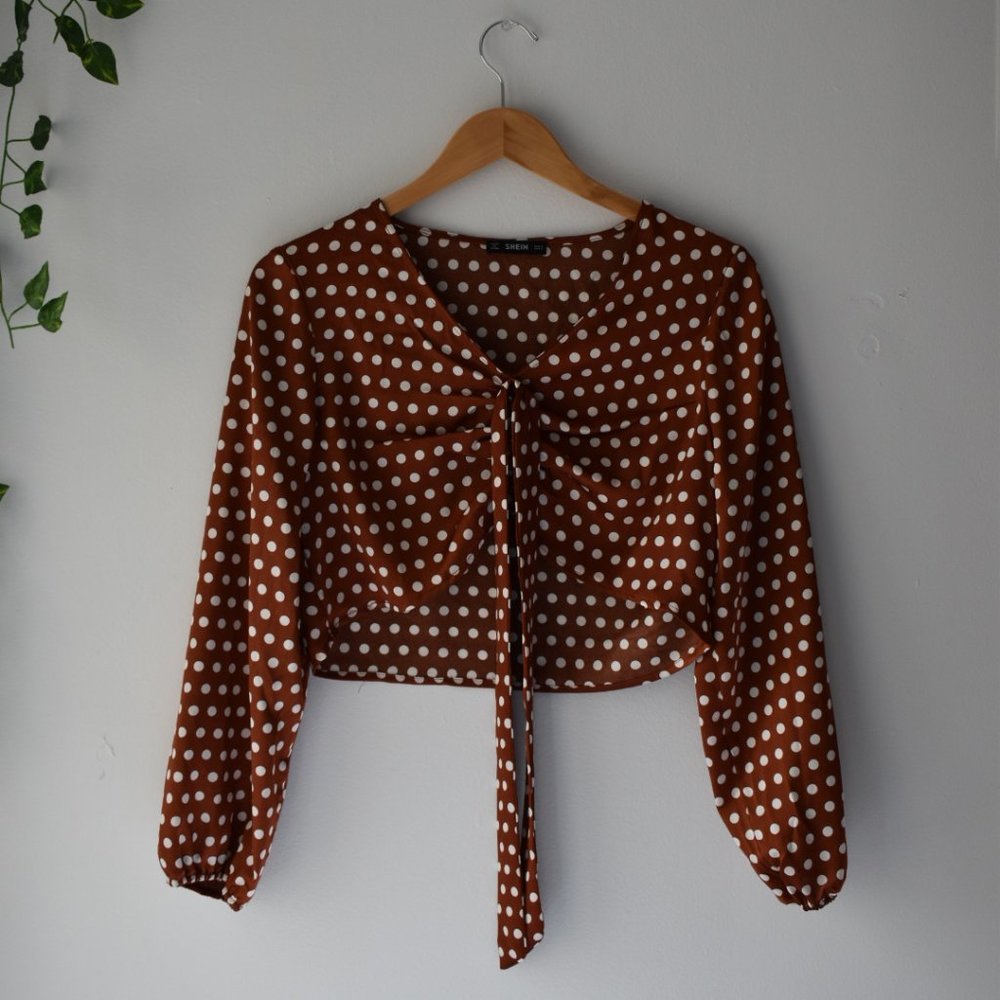 SHEIN Rust Polka-Dot Tie Blouse